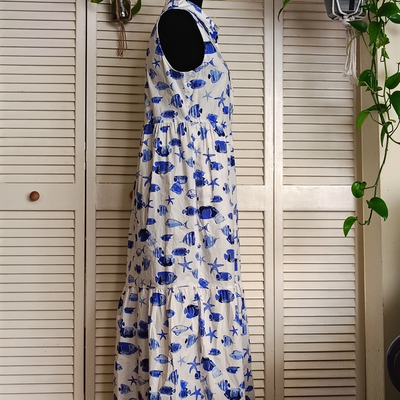 Rachel Zoe Blue White Sea Life Fish Print Sleeveless Maxi Dress Size S –Like New - Picture 3 of 11